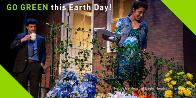 "Go GREEN this Earth Day!" An outdoor garden scene with a young pregnant woman smiling and a young man drinking coffee before work