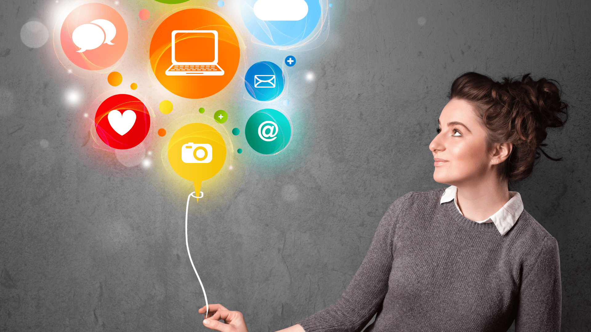 social media bubble balloon with young woman holding an illustrated string